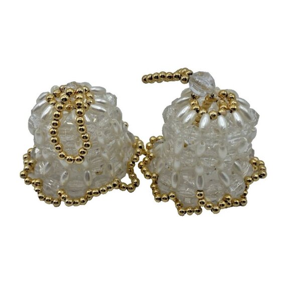 Vtg Handmade Beaded Bell Ornaments Set 2 White Gold Christmas Holiday Decor - Picture 2 of 10